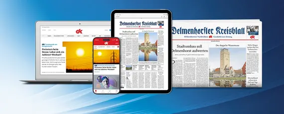 Ein Laptop mit dk-online.de, ein Smartphone mit der News-App, ein Tablet mit der E-Paper-App und eine gedruckte Zeitung