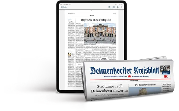 Tablet mit einer Artikelseite und eine Zeitungsrolle des Delmenhorster Kreisblattes