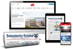 Delmenhorster Kreisblatt als Zeitung, Website, E-Paper auf Tablet und Nachrichten-App auf Smartphone nebeneinander dargestellt.