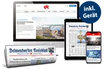 Delmenhorster Kreisblatt als Zeitung, Website, E-Paper und App auf verschiedenen Geräten, mit Hinweis „inkl. Gerät“ im blauen Kreis.