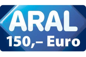 ARAL-Gutschein im Wert von 150 Euro auf dunkelblauem Hintergrund mit weißer Schrift und Logo.
