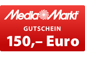 MediaMarkt-Gutschein im Wert von 150 Euro auf rotem Hintergrund mit weißer Schrift und Logo.