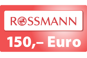 ROSSMANN-Gutschein im Wert von 150 Euro auf rotem Hintergrund mit weißer Schrift und Logo.